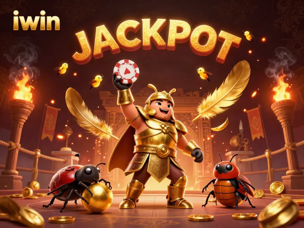 Experience the thrill of iwin as a hercules beetle wins with a golden poker chip amidst a festive jackpot