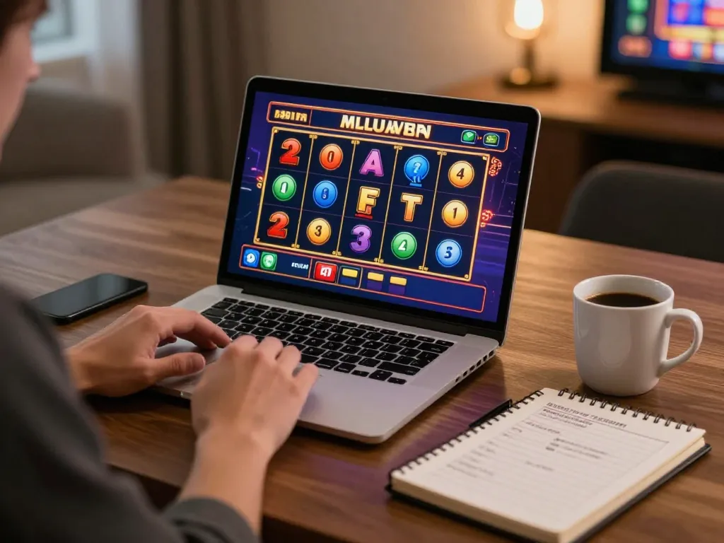 Player engaging with FLY88 slot machine interface on laptop, showcasing vibrant reels and betting strategy notes.