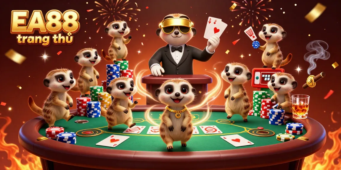Engaging EA88 trang chủ illustration with meerkats running a casino, showcasing vibrant gambling elements.