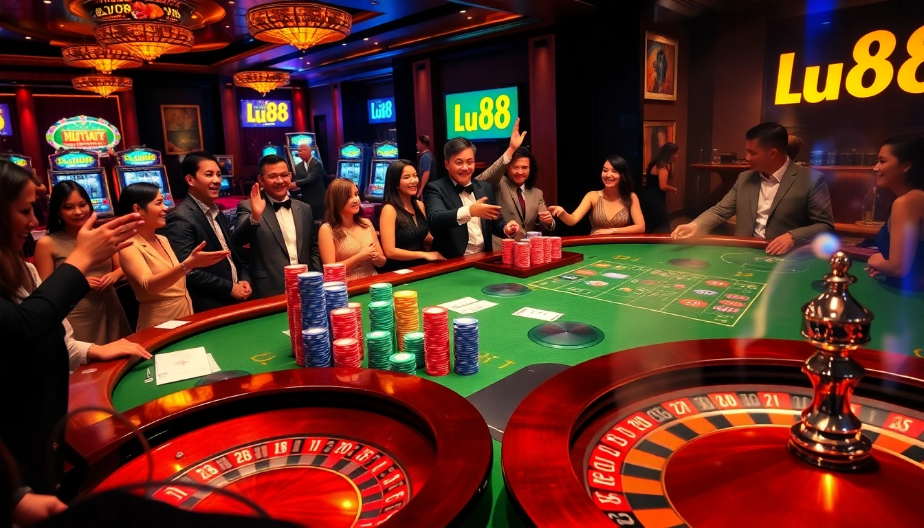Excited players enjoy a thrilling poker game at a luxurious casino scene showcasing lu88 betting elements.