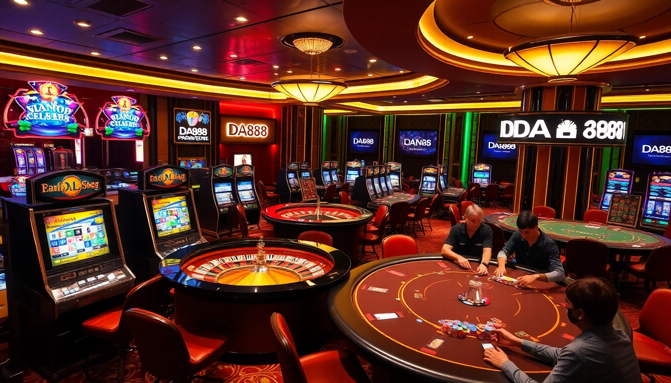 Players enjoying a thrilling game experience at nhà cái DA88 casino with colorful chips and vibrant machines.