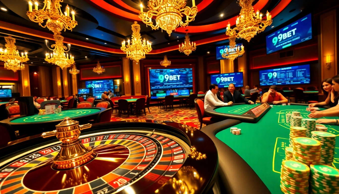A lively casino scene featuring the 9BET logo amidst roulette wheels and poker tables, showcasing excitement and luxury.