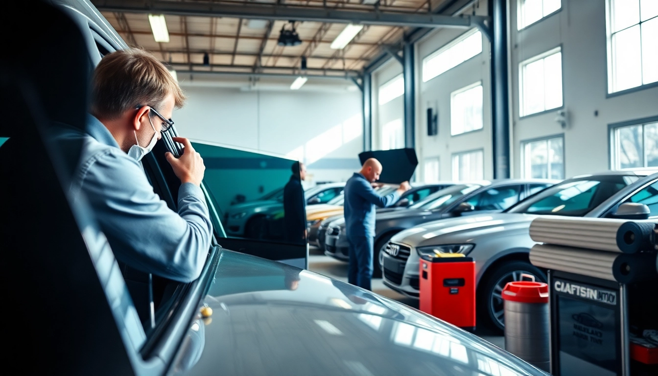 Install auto window tint near me with expert technicians at a professional workspace.