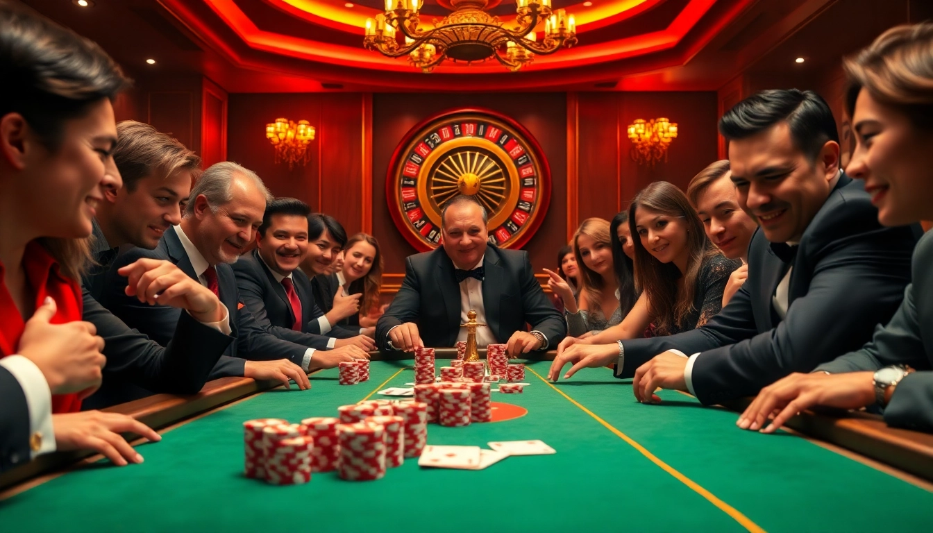 Players enjoying a thrilling poker game at nhà cái LUCKY88 with vibrant casino elements.