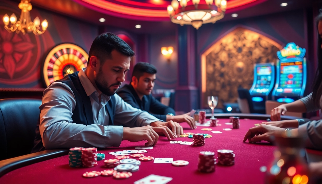 Engaged players at a luxurious poker table, showcasing nhà cái SKY88's thrilling gambling experience.