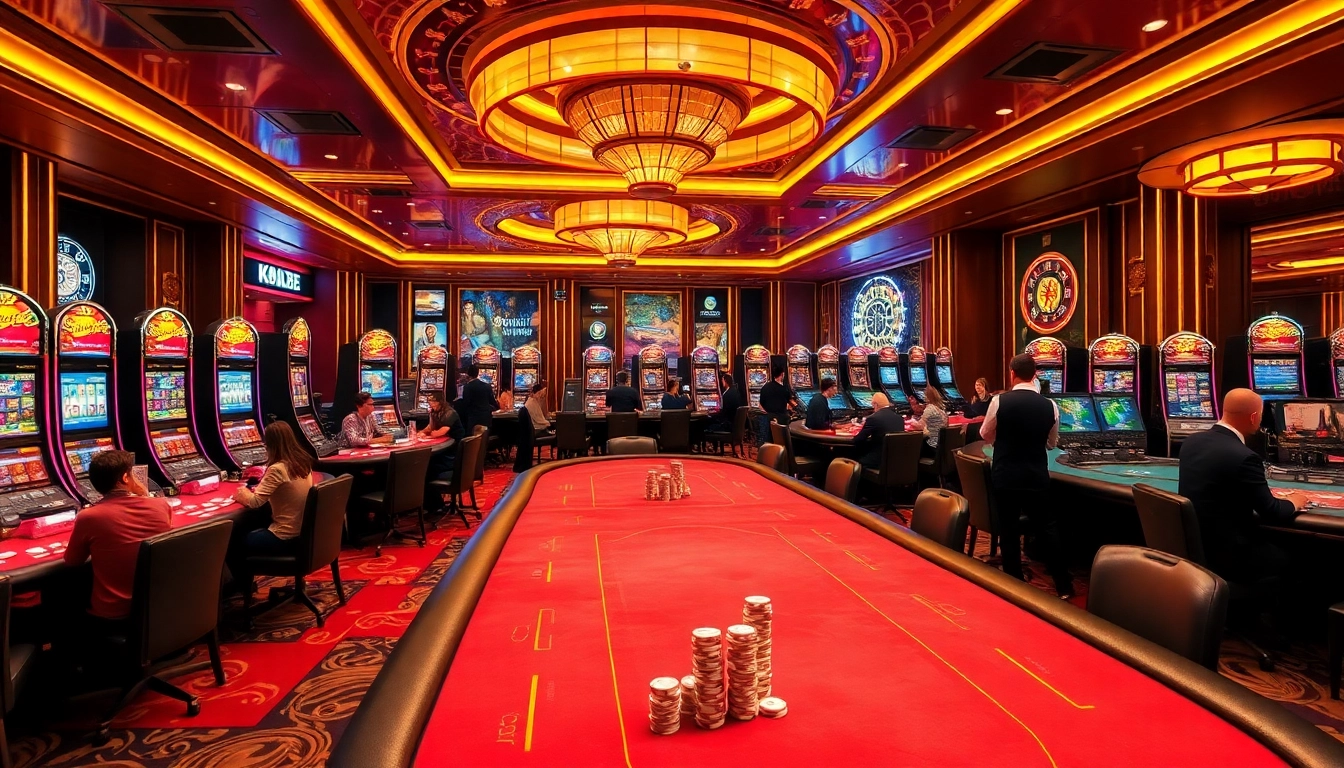 Excited players enjoying poker and slot machines at ku88's luxury casino.