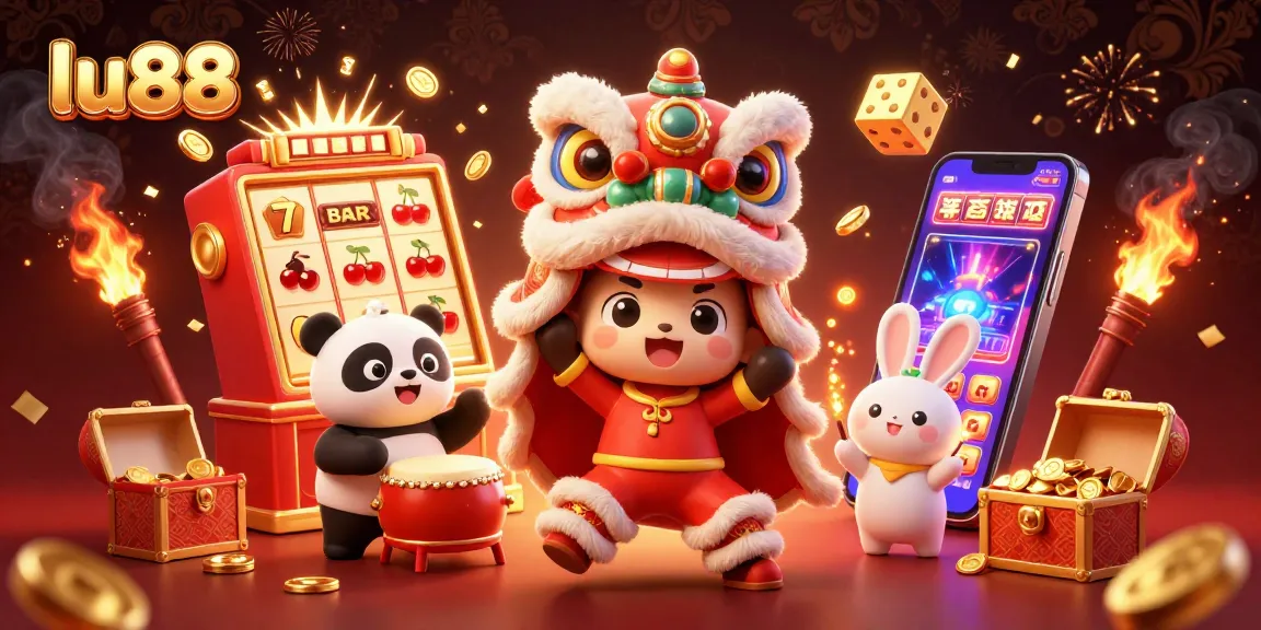 lu88 spins the reels in a vibrant 3D scene filled with slot jackpots, festive characters, and casino excitement