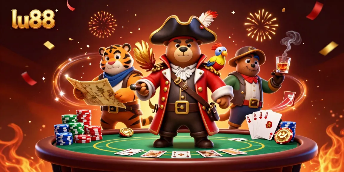 Experience thrilling poker action with lu88 featuring a pirate captain bear, tiger first mate, and colorful chips.