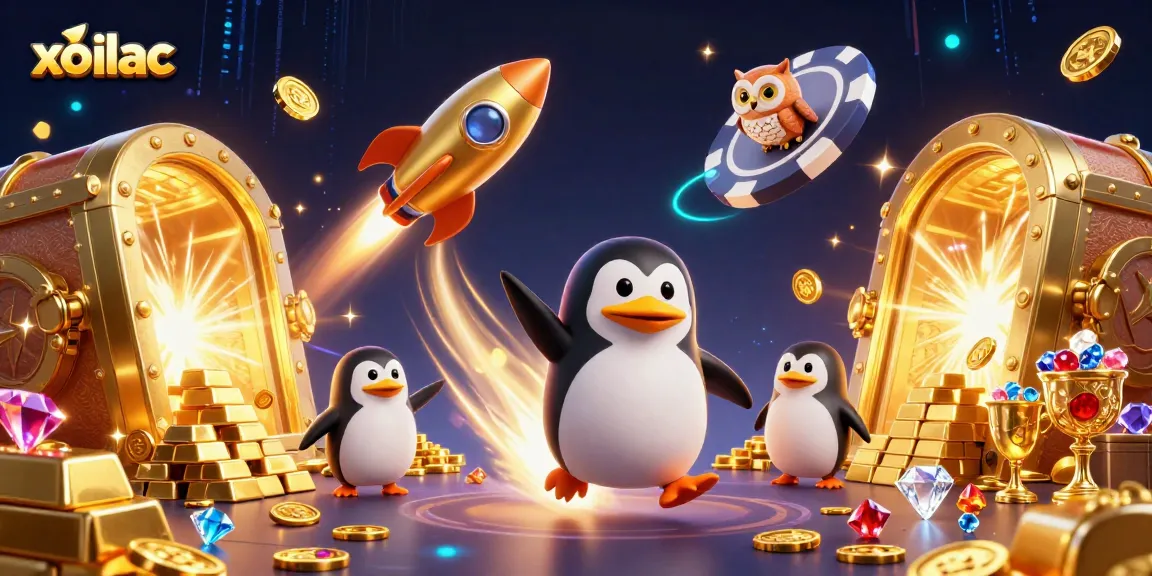 Xoilac-inspired scene featuring a flying golden penguin and a poker chip casino, rich with gold.