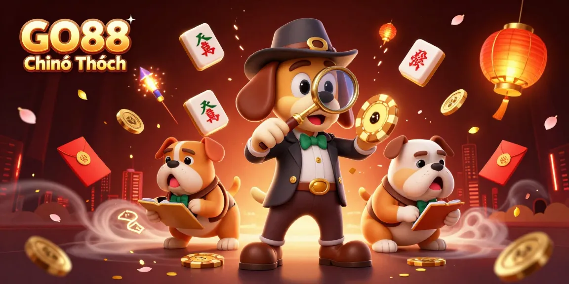 Experience GO88 Chính Thức with a captivating casino-themed illustration featuring a detective dog discovering poker clues.