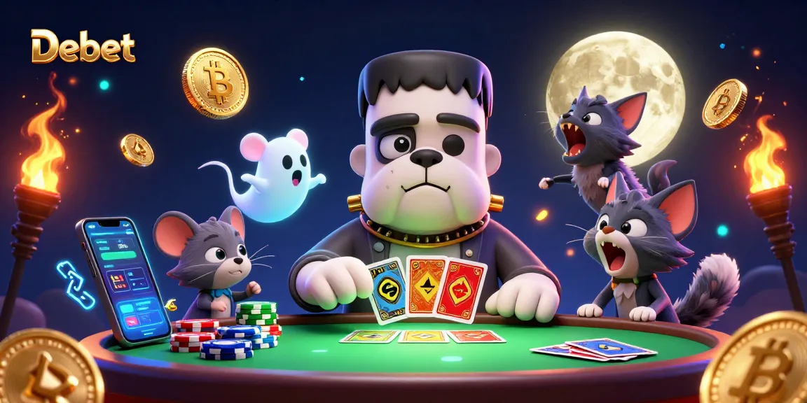 Debet showcases thrilling gambling action with a cartoon bulldog dealer, ghost mouse, and werewolf kitten.