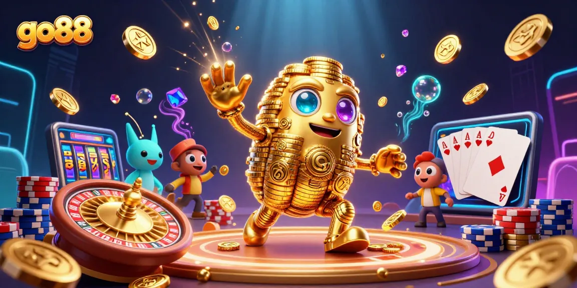 Experience the thrill of go88 with this dynamic casino scene featuring golden coins, roulette games, and energetic slot elements.