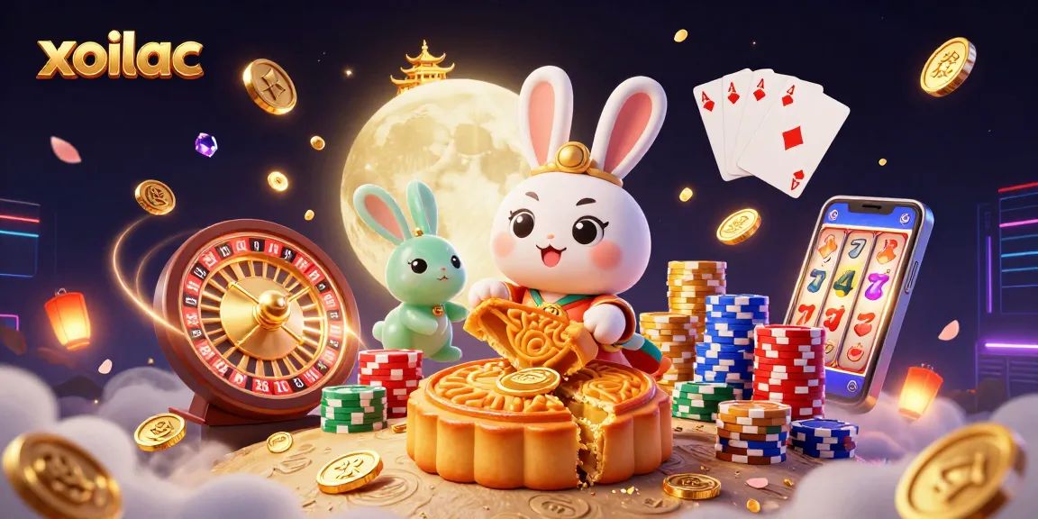 Xoilac brings excitement with a moon rabbit gambling illustration revealing poker chips and slot reels.