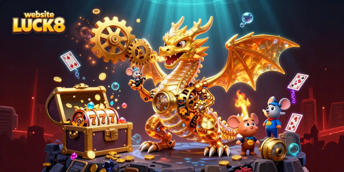 Engage with the exciting website LUCK8, featuring vibrant 3D casino elements like dragons and gold coins.