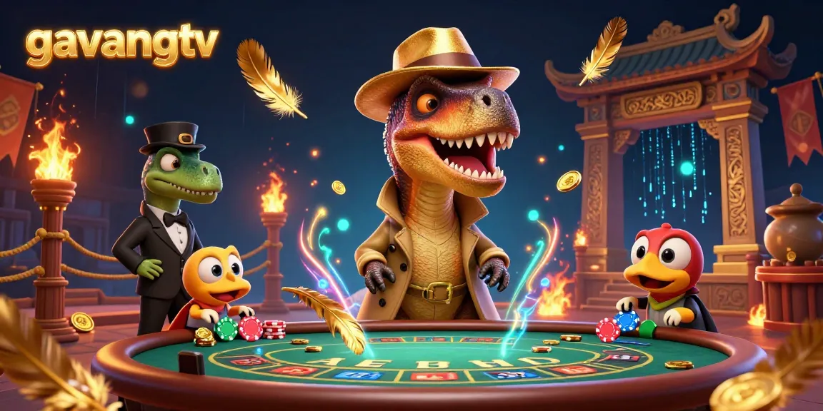 Gavangtv's dynamic casino scene features cartoon dinosaurs engaging at a blackjack table.
