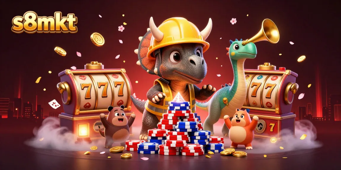 Engage in thrilling s8mkt slot action with a triceratops building poker chips.