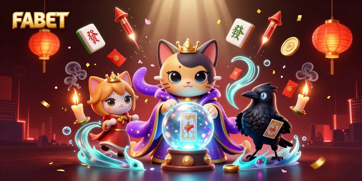 Experience thrilling FABET gaming with a mystical cat and raven amidst vibrant casino symbols.