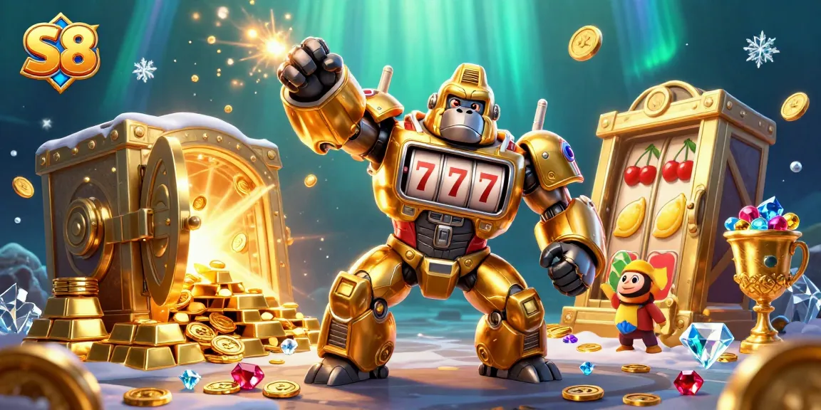 S8's slot machine-themed golden gorilla mech boosts winning odds with explosive coins and treasures.
