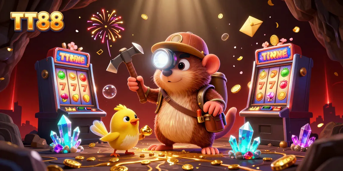 Engage with TT88's dynamic casino scene featuring the treasure hunter mole mining golden rewards amidst vibrant slot game elements.