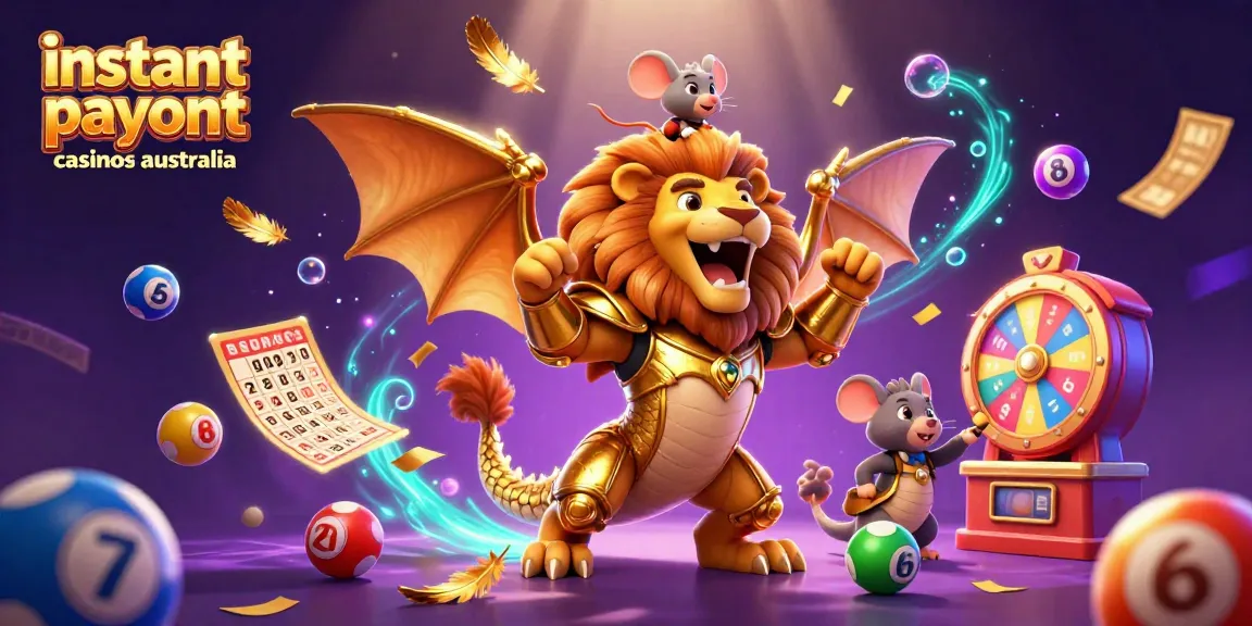 Experience instant payout casinos Australia with a dynamic gaming scene featuring a winning chimera and vibrant lottery elements.