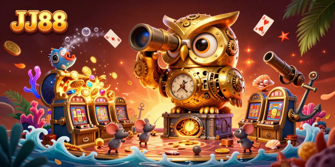 Engage with the captivating JJ88 casino experience featuring a golden owl and vibrant gaming elements.