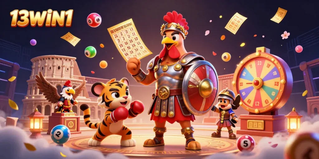 Engage in thrilling moments at 13WIN1, showcasing vibrant lottery games with festive elements.
