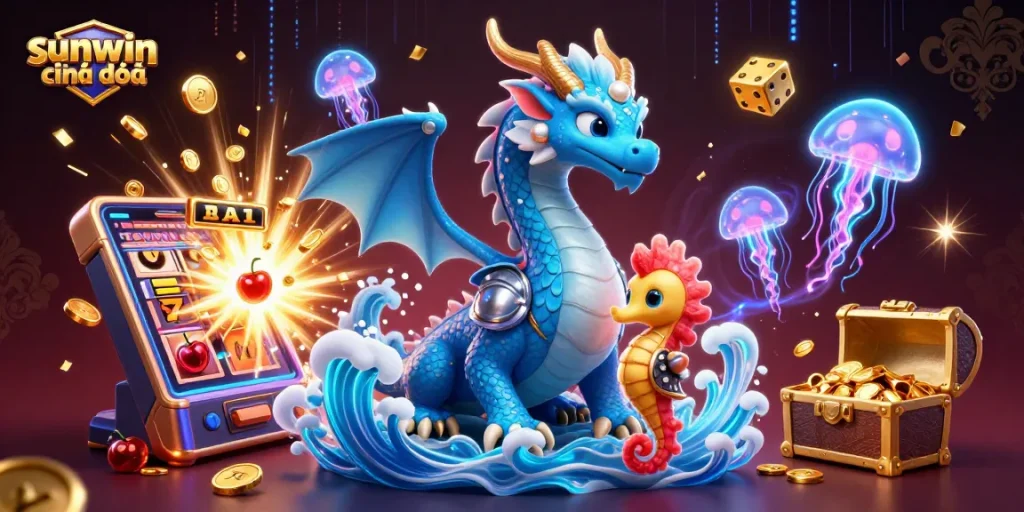 Experience the thrill of sunwin chính chủ with a captivating 3D dragon scene surrounded by jackpot excitement.