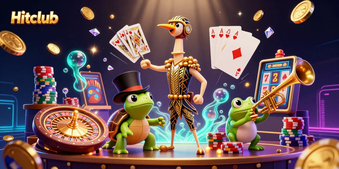 Hitclub players enjoy a vibrant casino scene featuring a lively 3D illustration of characters surrounded by gaming elements.