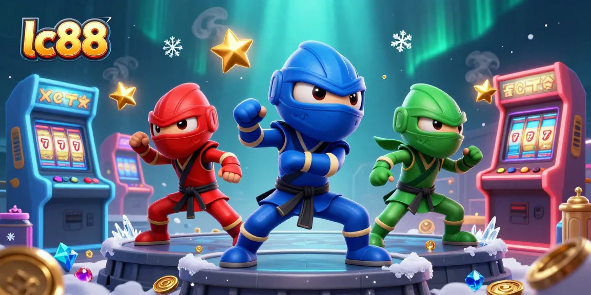 Play thrilling games with lc88 as cartoon chameleons engage in martial arts atop colorful gaming machines.
