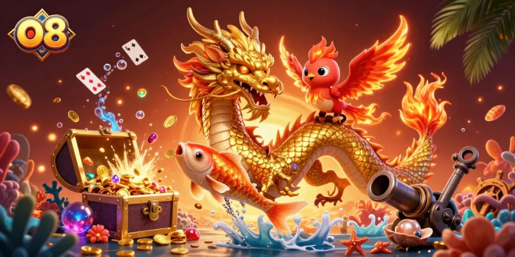 Experience the excitement of o8's games with vibrant dragons and lively characters.