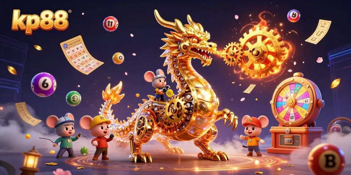 Engage with kp88's vibrant lottery-themed scene featuring a golden dragon amid colorful elements, showcasing luck.