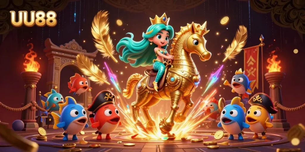 Experience thrilling wins at UU88 with a 3D casino fantasy illustration featuring a mermaid princess and sea creatures.