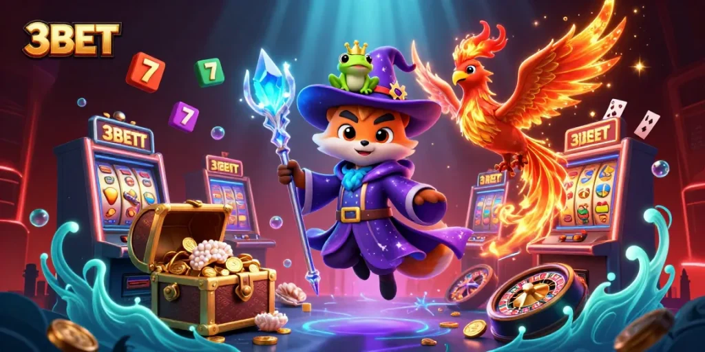 Experience thrilling gaming with 3BET's vibrant 3D scene featuring magical characters and casino elements.