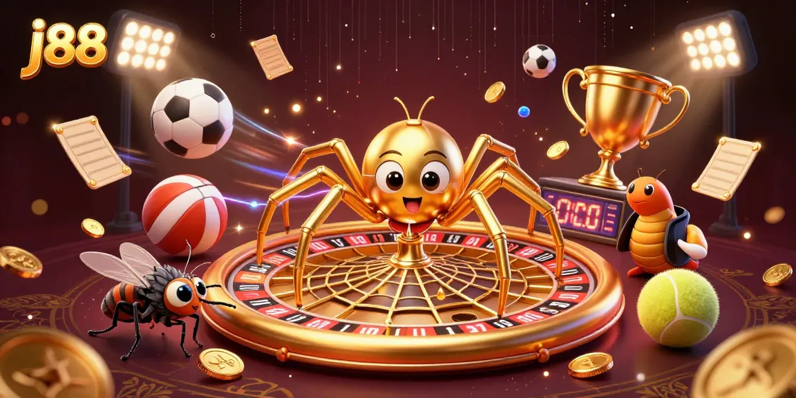 Experience thrilling bets at j88 with a dynamic scene of sports balls and casino elements.