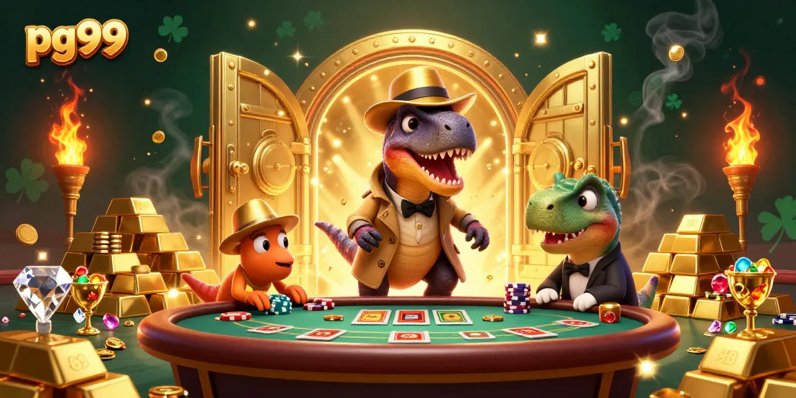 Engage with pg99's vibrant casino scene featuring a velociraptor card counter and a stegosaurus boss amongst treasures.