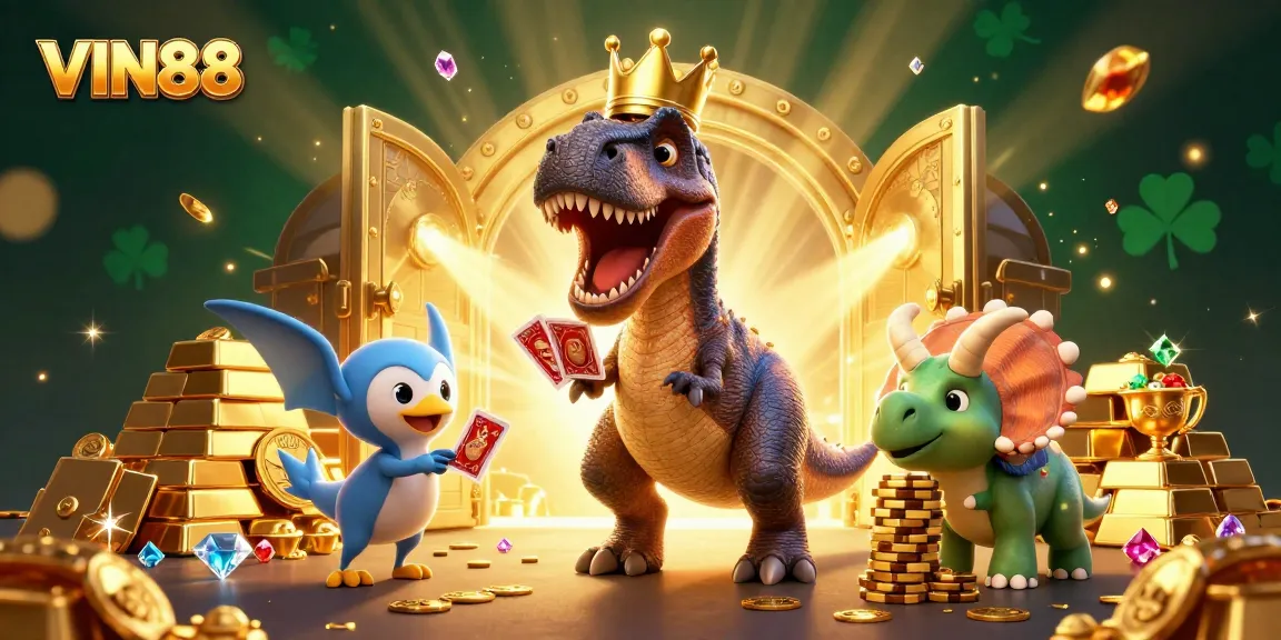 VIN88 showcases a lively 3D illustration featuring a T-Rex and friends engaging in casino excitement.
