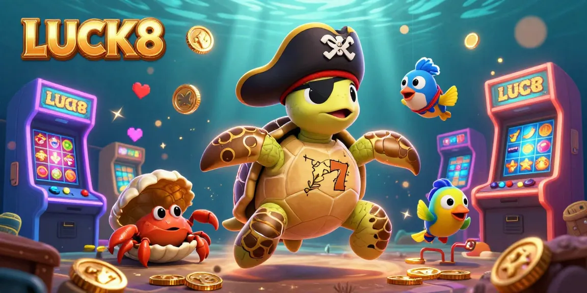 Engage with LUCK8's vibrant casino games featuring a pirate turtle, crab, and parrotfish adventure.