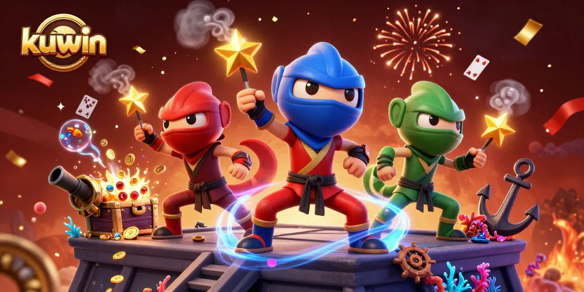 Kuwin casino showcases a thrilling scene with ninja chameleons performing martial arts amidst dazzling treasures and gaming elements.