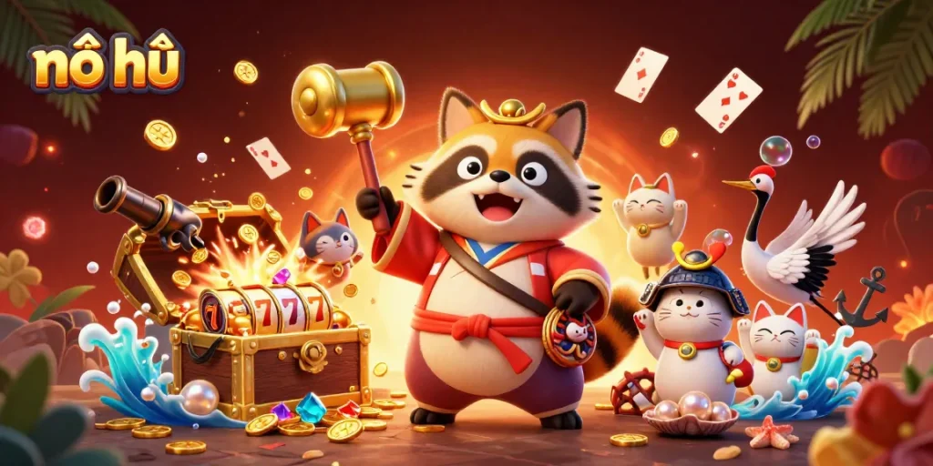 Nổ hũ as players aim for jackpot wins in a vibrant casino world filled with joyful symbols.