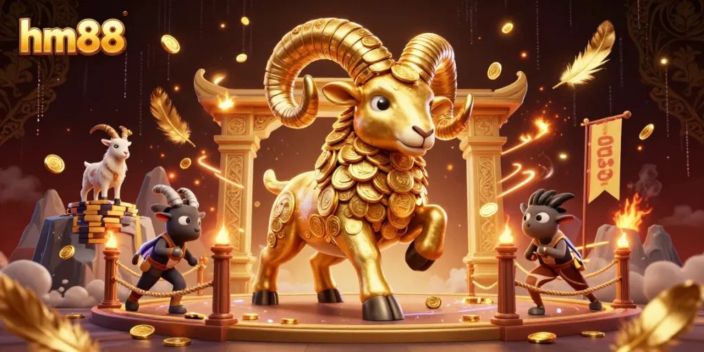 Bet on hm88 with a majestic golden ram charging through a grand casino gateway.