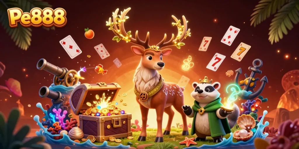 Join the adventure with Pe888 in this vibrant casino scene featuring characters and game elements.