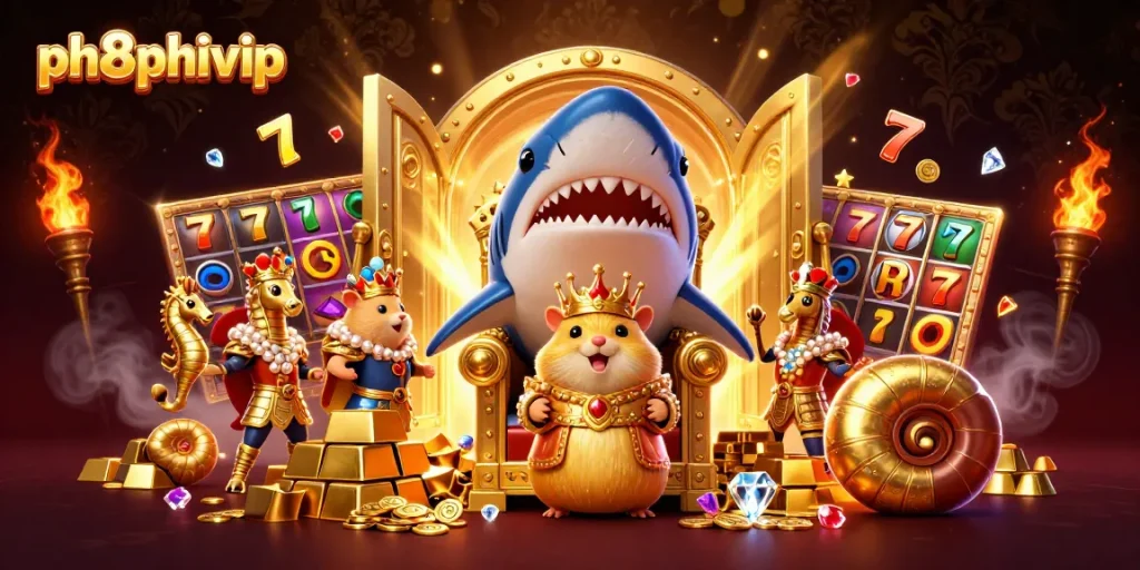 Experience ph8phivip's vibrant gambling world with a hamster king and treasure-themed 3D illustration.