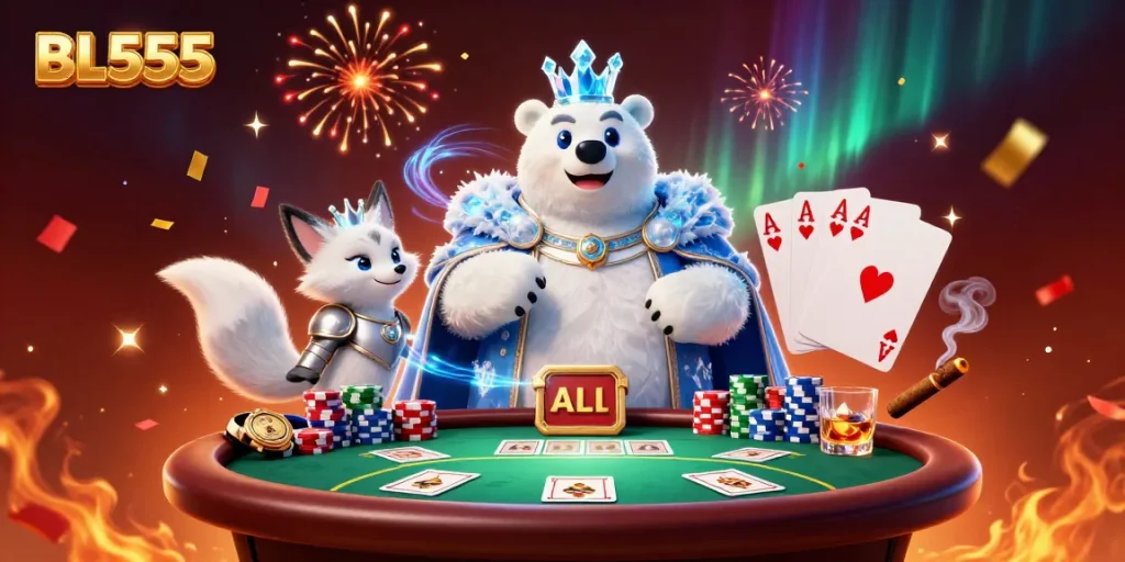 Experience thrilling poker moments at BL555 with an energetic scene of a polar bear and snow fox surrounded by casino elements.