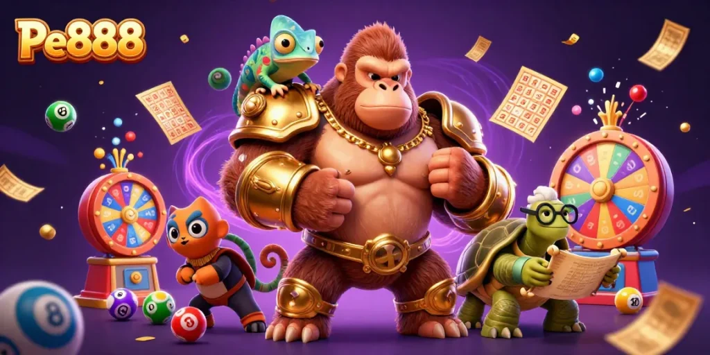 Engage in thrilling gaming adventures with Pe888, featuring colorful lottery elements and a dynamic character scene.