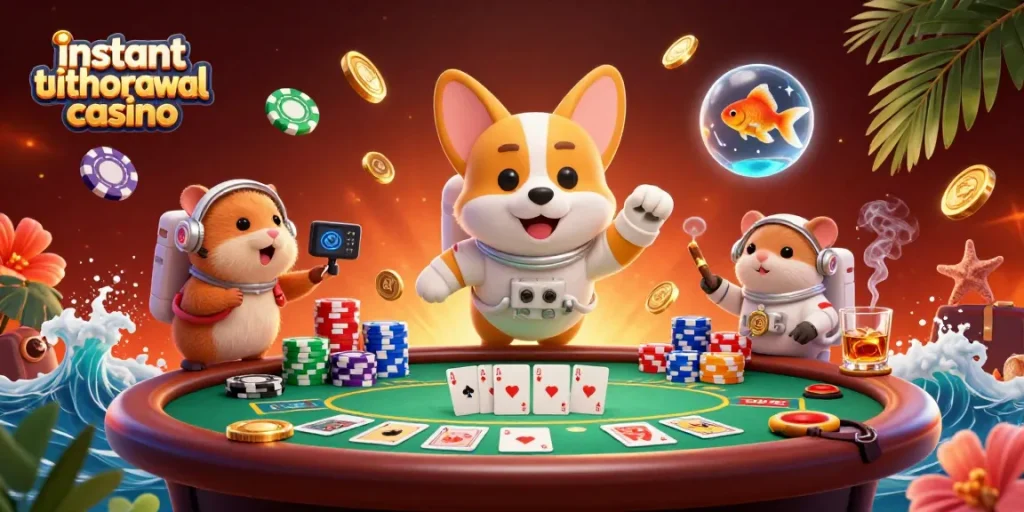 Experience the thrill at an instant withdrawal casino with a 3D astronaut corgi floating in a dynamic casino scene.