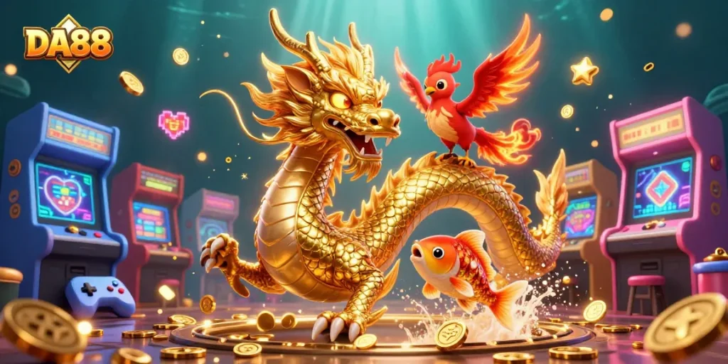 Bet on DA88 with a powerful golden dragon and lucky symbols in a vibrant casino scene.