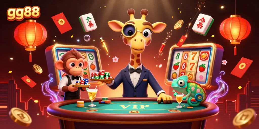 Experience thrilling gameplay at gg88 with a vibrant 3D illustration of high-roller adventures in an online casino.