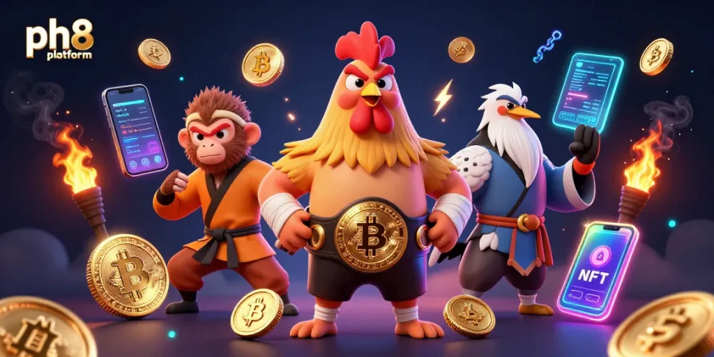 Engage with the ph8 platform featuring dynamic characters and vibrant crypto-themed elements in a lively casino atmosphere.