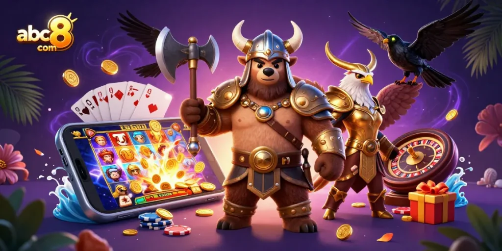 Experience thrilling gaming with abc8 com's vibrant 3D illustration featuring exciting slot action.