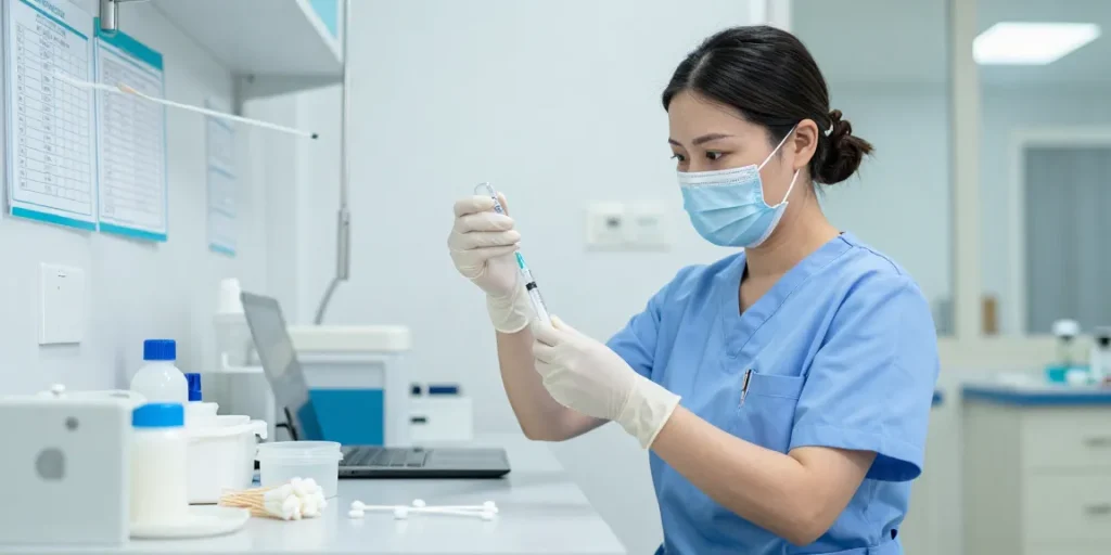 Healthcare professional expertly using a luer lock syringe to draw medication in a sterile clinical environment, showcasing professionalism and precision.